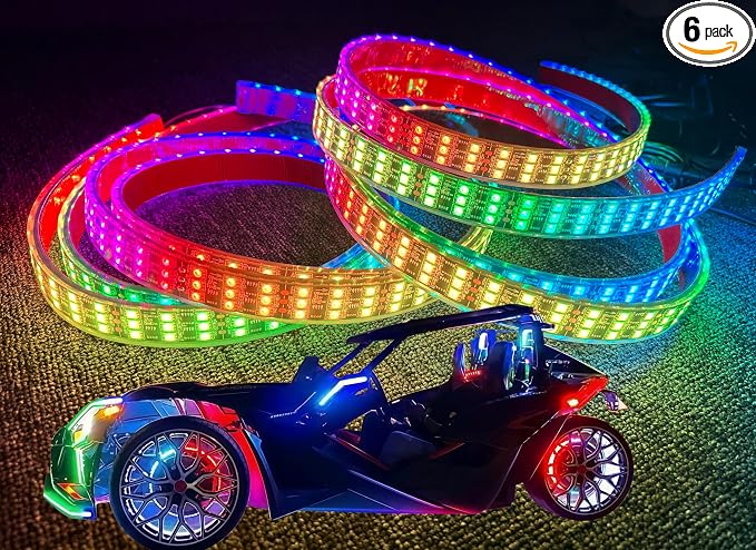 6PCS 2FT Triple Row RGB Dream Color Chasing LED Light Strips, High-Intensity Flow Series Underglow Kit with App & Remote Control, Fits for Polaris Slingshot, Ryker, Spyder, Car & Trucks