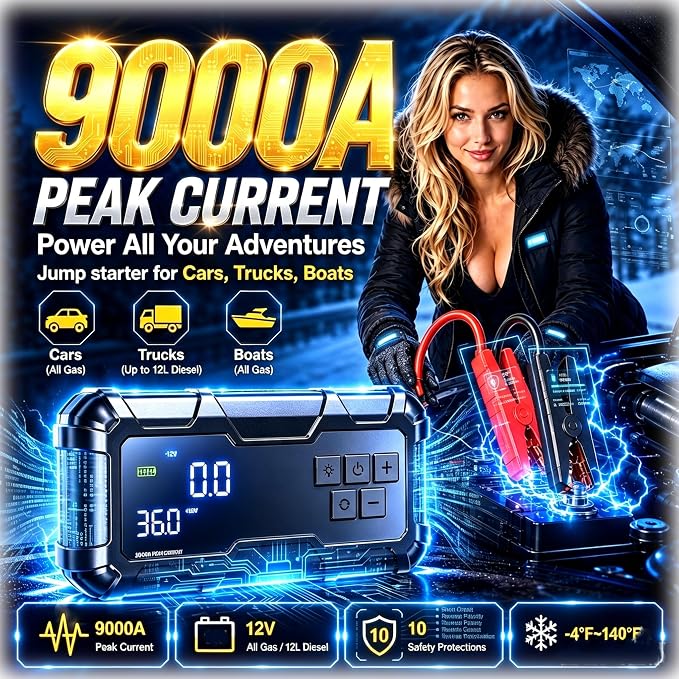 9000A Jump Starter with Air Compressor 10-1 Portable Tire Inflator German Fast-Charging Power Bank Car Diesel Battery Booster for Car Owners Camping, Road Trips, Family Safety & Gift