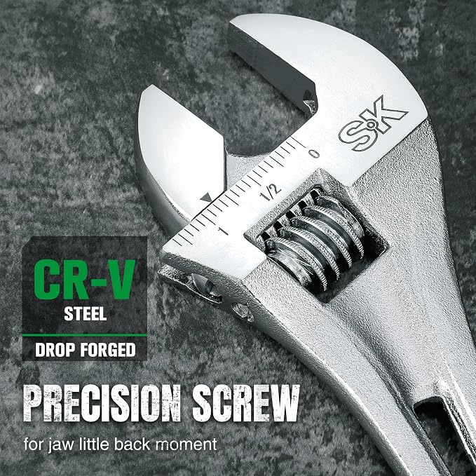 SK 8-Inch Quick Adjust Groove Joint Pliers & 3-Piece Adjustable Wrench Set, 6-Inch, 8-Inch, 10-Inch, Cr-V Steel
