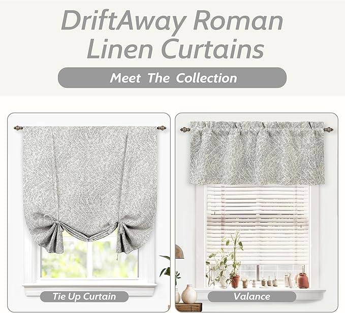DriftAway Farmhouse Double Layer Linen Blackout Tie Up Curtains Thermal Insulated Striped Fully Lined Balloon Roman Shade Bathroom Window Adjustable Rod Pocket 45 Inch by 63 Inch Roman Black