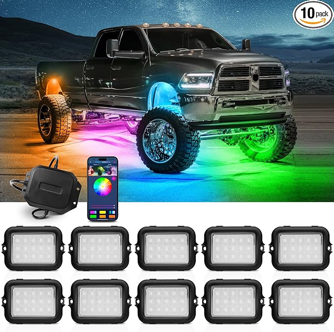 MICTUNING Y1 RGB+IC Dream Chasing Color Ultra-Bright 10 Pods LED Rock Light | Wiring Switch Kit, Extra Extension, Bluetooth APP Control, Extensible to 24 Pods, IP68 Waterproof, Series & Parallel Wiring