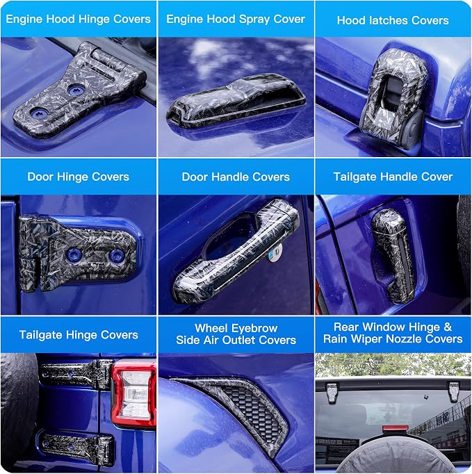 Barong for Jeep Wrangler JL JLU 2018-2025 Accessories Exterior Decoration Door Hinge Handle Engine Hood Hinge Hood Latch Wheel Eyebrow Side Air Outlet Rear Window Hinge Cover 26PCS Full Set (Forging)