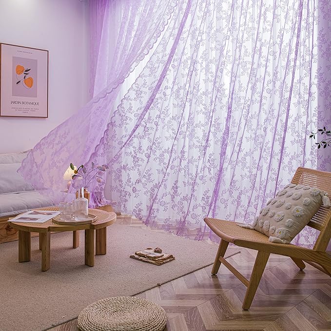 Sutuo Home Lace Curtains 2 Panels Set, Purple Sheer 45 Inch Long Window Floral Vintage Voile Window Panel Treatment for Bedroom/Living Room/Kitchen, Decor Rod Pocket W57 x L45