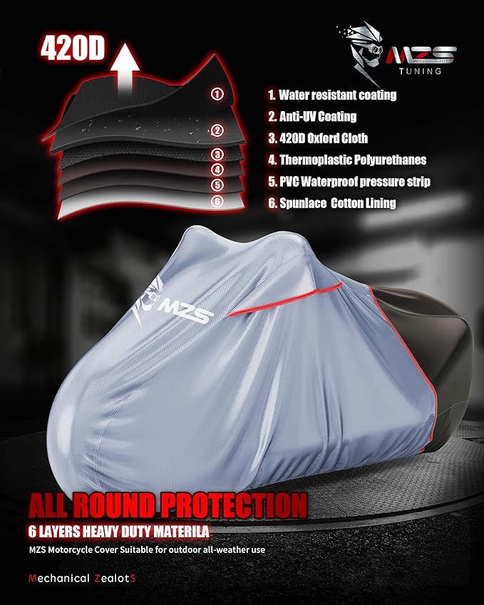 MZS Motorcycle Cover Waterproof Outdoor, Heavy Duty All Season Weather Sun Protection with Storage Bag Vents Night Reflective Cotton Lining Lock Holes fits up to 96" Motorcycles Vehicle Covers