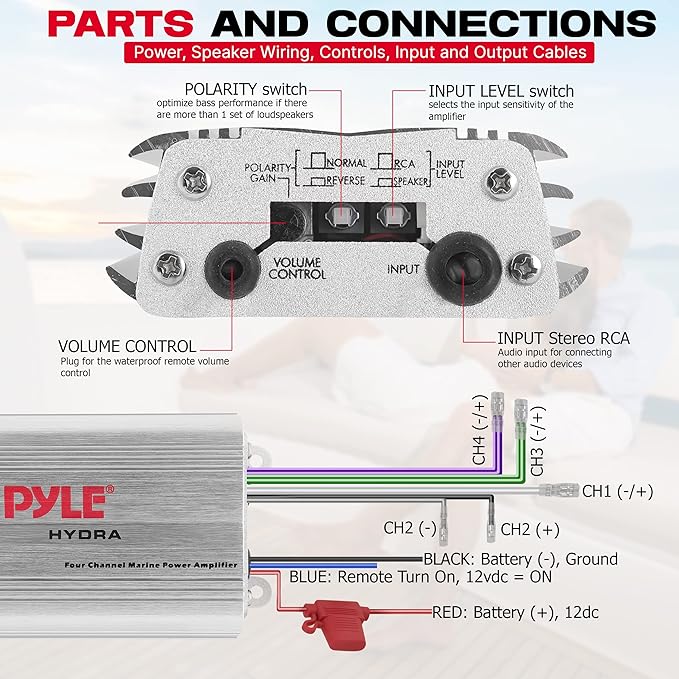 Pyle 400W 4-Channel Hydra Marine Micro Amplifier - Waterproof - RCA Input - 3.5mm Jack - MP3 - Soft Turn On/Off - Volume Gain Level Remote Control - Power Protection - PLMRMP3A