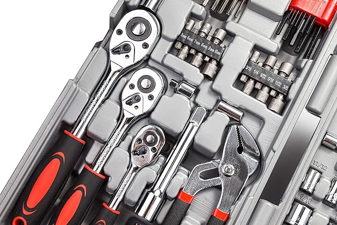 CARTMAN 205 Piece Ratchet Wrench Tool Set,1/4" & 3/8" & 1/2" Drive with SAE/Metric Sockets Kit in Plastic Toolbox