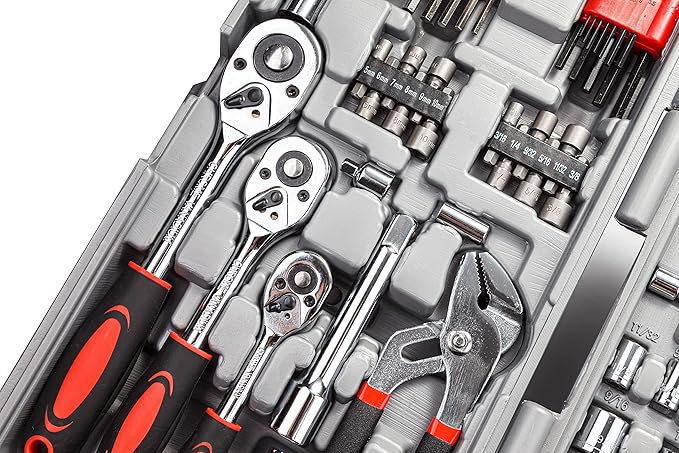 CARTMAN 205 Piece Ratchet Wrench Tool Set,1/4" & 3/8" & 1/2" Drive with SAE/Metric Sockets Kit in Plastic Toolbox