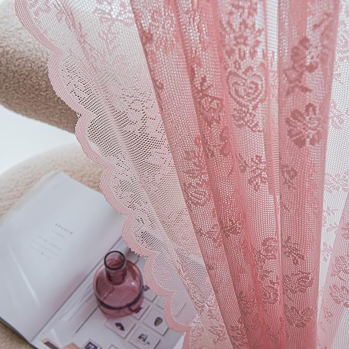Sutuo Home Pink Lace Curtains 63 Inches Length 2 Panels Set, Blush Sheer Window Floral Vintage Voile Window Panel Treatment for Girls Bedroom/Living Room/Kitchen, Decor Rod Pocket W57 x L63