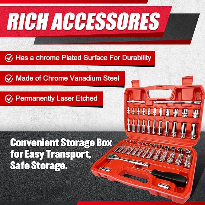 EACELIY 54pcs 1/4" Socket Set,Drive Impact Socket Set, SAE/Metric, Deep & Shallow with Universal Joint,Extension Bars,Hex Bit Holder, Spinner Handle,Ratchet,Cr-V Steel，6 Point，4-14mm，5/32-9/16 inch