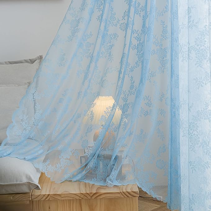 Sutuo Home Blue Lace Curtains 84 Inches Long, Set of 2 Sheer Window Curtain Panels Floral Embroidery Vintage Voile Window Panel Treatment Pair for Bedroom Living Room Kitchen Rod Pocket W57 x L84
