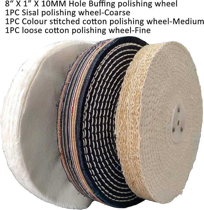 PURUI 8 Inch Bench Grinder Polishing Kit for All Metals, Kit Includes 3PC 8 Inch Buffing Wheels, 5PC 100g Bar Buffing Compounds, 2PC 5/8 Inch Bench Grinder Spindle Adapter, 1PC Microfibre Cloth, 11PCS