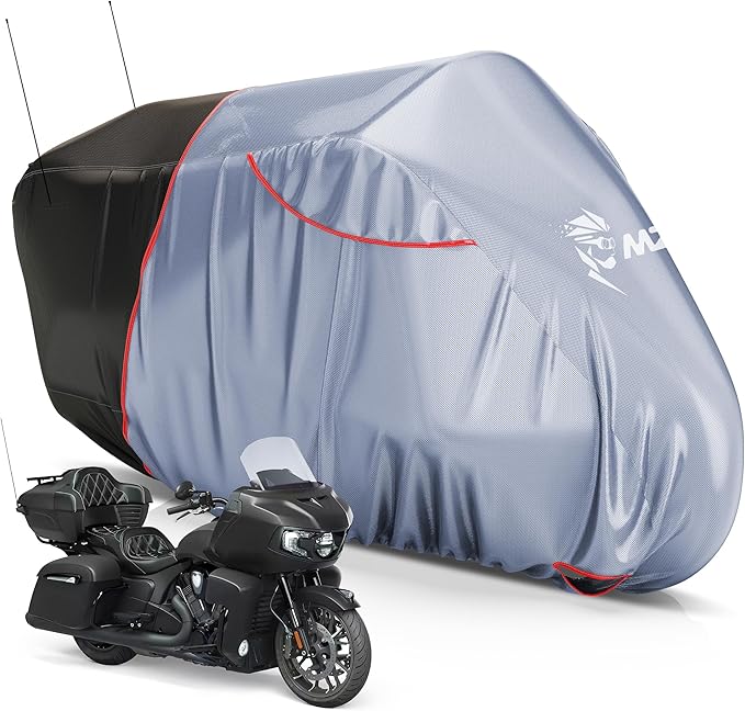 MZS Motorcycle Cover Waterproof Outdoor, Heavy Duty All Season Weather Sun Protection with Storage Bag Vents Night Reflective Cotton Lining Lock Holes fits up to 116" Motorcycles Vehicle Covers