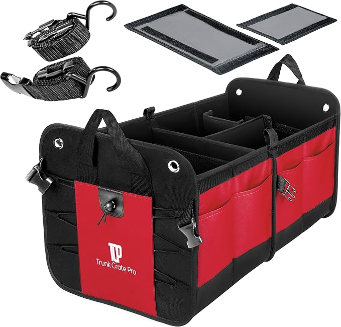 TRUNKCRATEPRO Save 15 per cent off bundle of 2 collapsible portable multi compartments trunk organizer (1 XL Black and 1 regular red organizer)