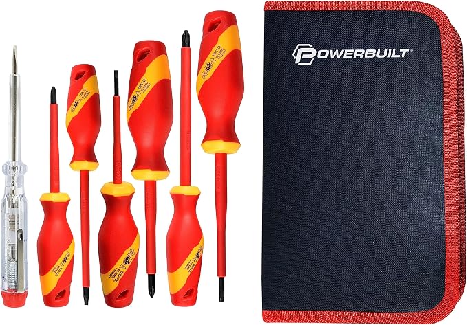 Powerbuilt 7-Piece VDE Screwdriver Set, Insulated for High-Voltage Electrical and Hybrid Vehicles, Home Repair - 642936