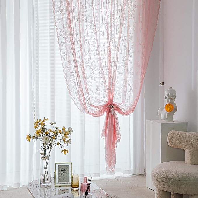 Sutuo Home Pink Lace Curtains 63 Inches Length 2 Panels Set, Blush Sheer Window Floral Vintage Voile Window Panel Treatment for Girls Bedroom/Living Room/Kitchen, Decor Rod Pocket W57 x L63