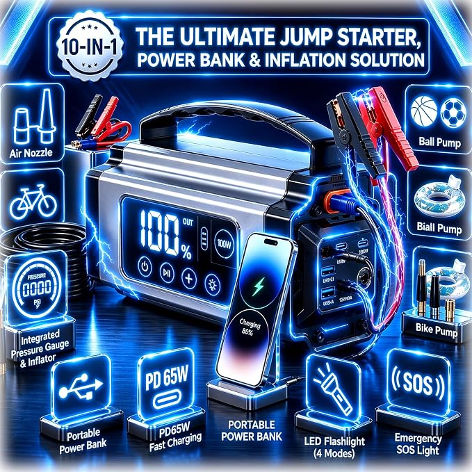 8000A Jump Starter with Air Compressor, 10-in-1 Portable Car Battery Booster and Tire Inflator Fast Charging Power Bank, Air Pump Battery Jumper Camping Road Trips Car Owner Gift