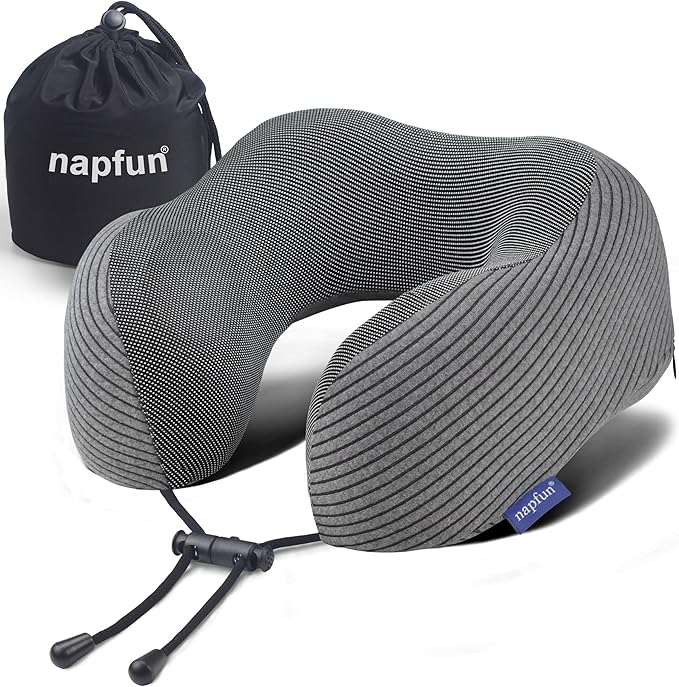 napfun Neck Pillow for Traveling, Upgraded Travel Neck Pillow for Airplane 100% Pure Memory Foam Travel Pillow for Flight Headrest Sleep, Portable Plane Accessories, Dark Gray