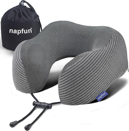 napfun Neck Pillow for Traveling, Upgraded Travel Neck Pillow for Airplane 100% Pure Memory Foam Travel Pillow for Flight Headrest Sleep, Portable Plane Accessories, Dark Gray