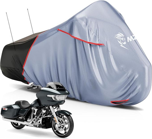 MZS Motorcycle Cover Waterproof Outdoor, Heavy Duty All Season Weather Sun Protection with Storage Bag Vents Night Reflective Cotton Lining Lock Holes fits up to 104" Motorcycles Vehicle Covers
