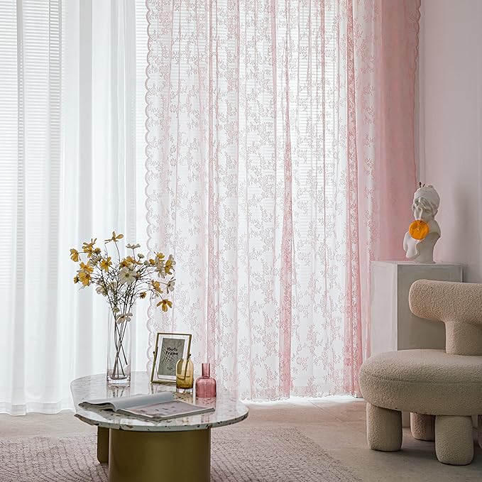 Sutuo Home Pink Lace Curtains 63 Inches Length 2 Panels Set, Blush Sheer Window Floral Vintage Voile Window Panel Treatment for Girls Bedroom/Living Room/Kitchen, Decor Rod Pocket W57 x L63
