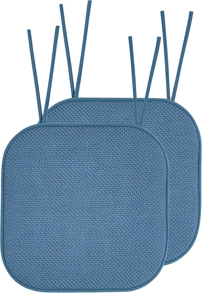 Elegant Comfort Chair Cushion Covers with Ties and Non Skid Rubber Backing-Thick Memory Foam - Soft Cushion Pad- Rounded Square Seat Cover-16 x 16 Inches- Honeycomb Textured Pattern, Set of 2, Blue