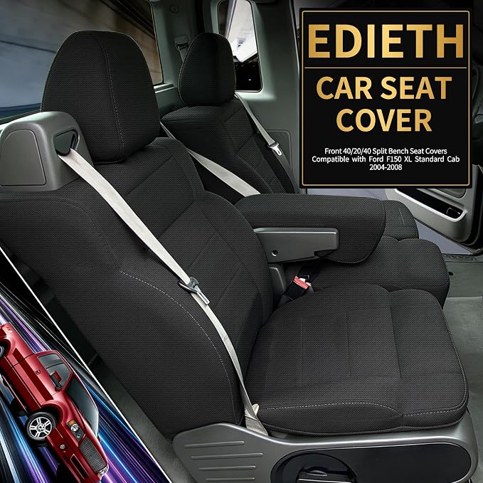 Front 40/20/40 Split Bench Seat Covers Compatible with Ford F150 XL Standard Cab 2004-2008 Sandwich Mesh Sponge Fabric Seat Protector with Integrated Seatbelts & Solid Armrest - Black