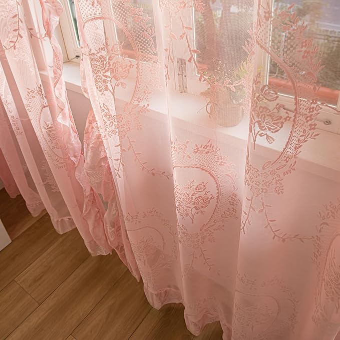 Sutuo Home Pink Lace Curtains 96 Inches Long 2 Set, Sheer Panels Rose Floral Embroidery Ruffled Vintage Voile Window Treatment Pair for Girl's Bedroom Living Room, Rod Pocket, W57 x L96