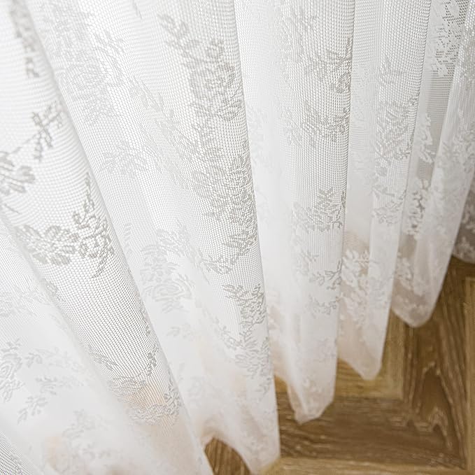 Sutuo Home White Lace Curtains 45 Inches Length 2 Panels Set, Sheer Traditional Florals Vintage Voile Window Panel Treatment for Bedroom/Living Room/Kitchen, Decor Rod Pocket W57 x L45