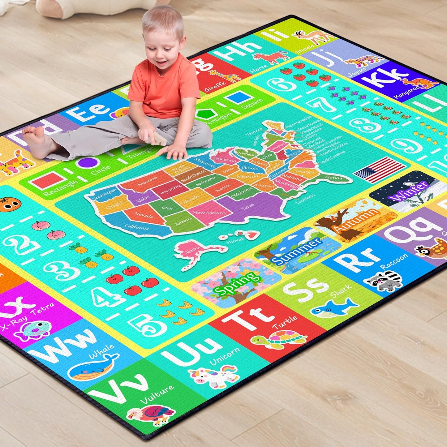 ABC Rug for Kids Playroom, 2x3 Washable Classroom Area Rugs, Educational Learning Mat with Alphabet Numbers Animals Seasons Shapes for Classroom Preschool Playroom