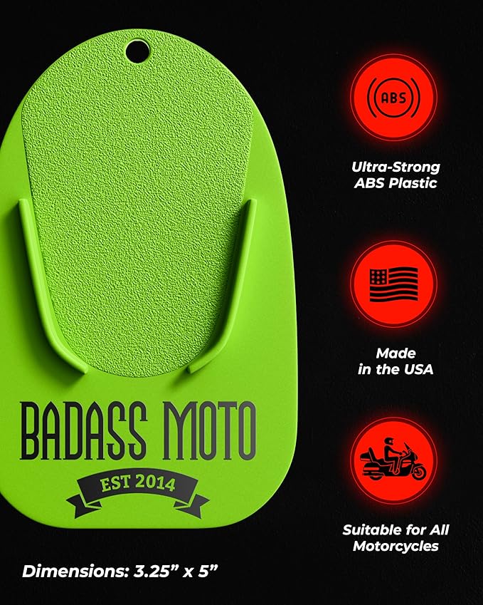 Badass Moto Motorcycle Kickstand Pads - Motorcycle Pads Durable Motorcycle Kickstand Plate, Biker Kick Stand, Motorcycle Stand Pad - Park Your Bike on Hot Pavement, Grass- Go Fast Green(4-Pack)