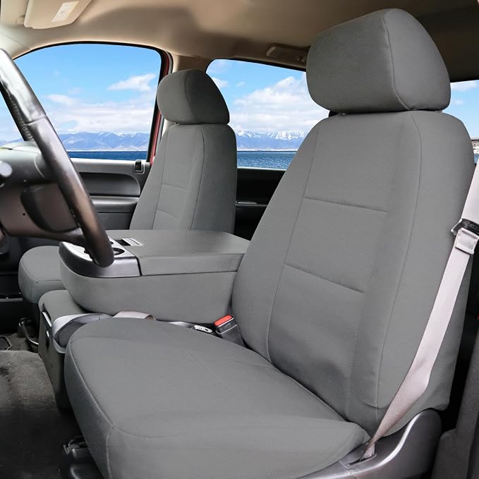 Seat Covers for Chevy Silverado & GMC Sierra 1500/2500HD 2007-2013 Heavy Duty Cloth Protector Interior Accessories，Waterproof & Machine Washable-Gray (Front)