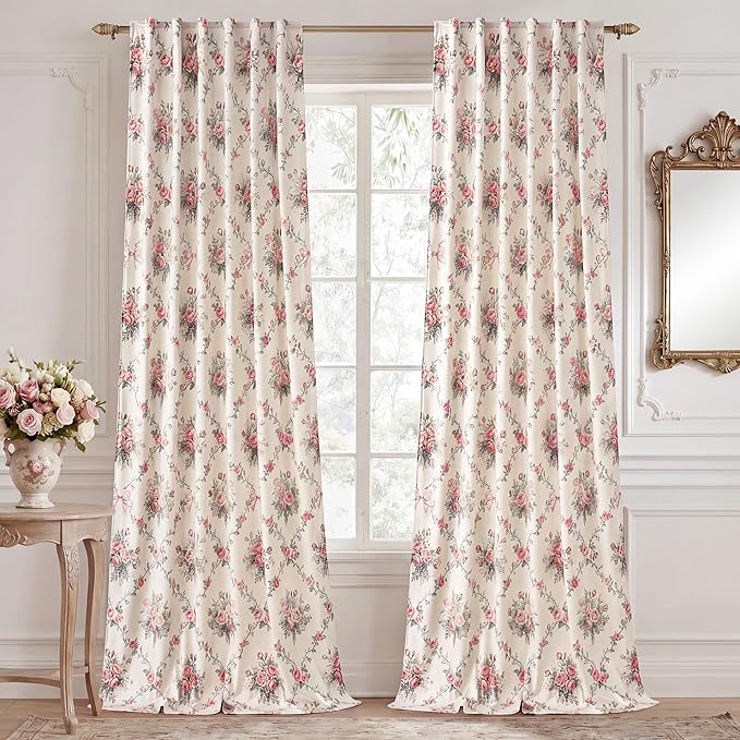 StangH Cottagecore Floral Printed Velvet Curtains, Cream Vintage Rose and Bow Knot Patterned Drapes French Country Romantic Home Decor for Bedroom Nursery, W52 x L96, 2 Panels