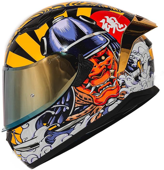 HAX Obsidian Full Face Dual Visor Adult Motorcycle Helmet for Motorbike Street Bike with Pinlock Ready DOT Approved Samurai Gold XL