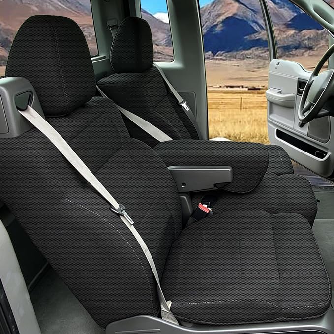 Front 40/20/40 Split Bench Seat Covers Compatible with Ford F150 XL Standard Cab 2004-2008 Sandwich Mesh Sponge Fabric Seat Protector with Integrated Seatbelts & Solid Armrest - Black