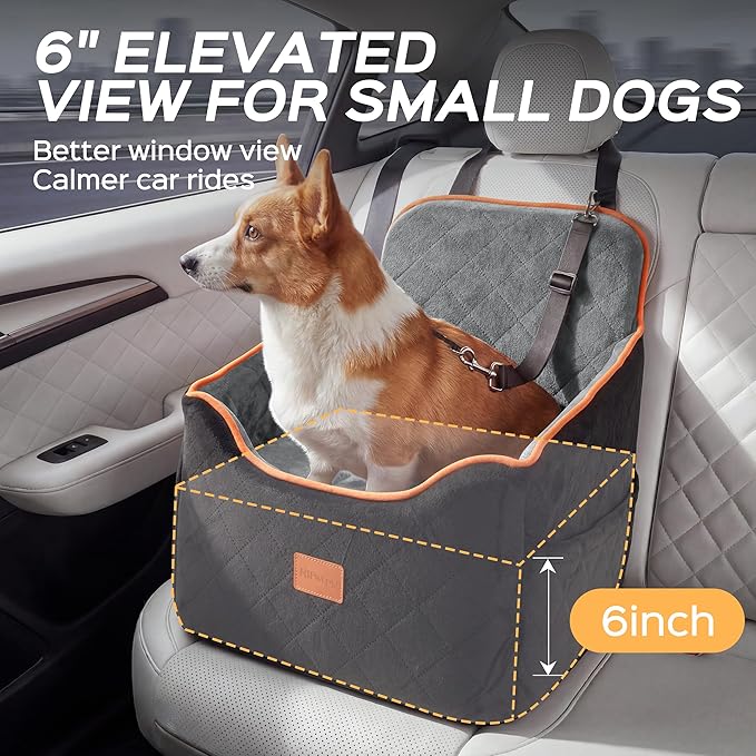 HiPetpy Dog Car Seat for Small Dog, Booster Seat for Dogs Under 30lb, 6" Elevated Pet Seat with Pockets, Anti-Slip Bed for Car, Perfect for Front & Back Seats with Safety Leash (Black/Grey, Medium)