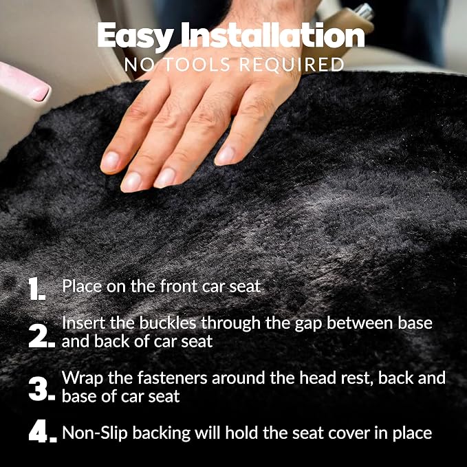 Natural Sheepskin Car Seat Covers for Women and Men | 100% Genuine Sheepskin Fur Seat Covers for Cars, Jeeps, SUVs with Elastic Straps and Non-Slip Suede Backing, 56 x 23”, 1 Pc (Black)
