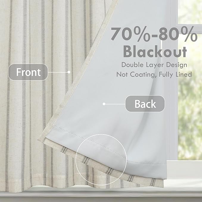 DriftAway Farmhouse Double Layer Linen Blackout Tie Up Curtains Thermal Insulated Vertical Striped Fully Lined Balloon Roman Shade Bathroom Window Adjustable Rod Pocket 45 Inch by 63 Inch Gray