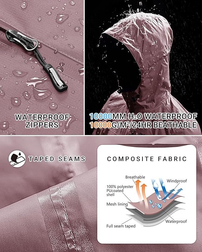 Outdoor Ventures Packable Rain Jacket Women Lightweight Waterproof Raincoat with Hood Cycling Bike Jacket