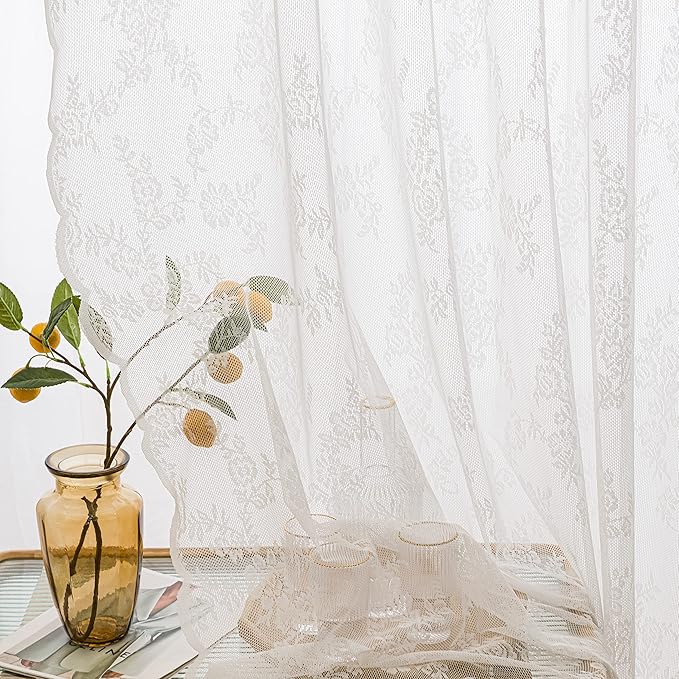 Sutuo Home Lace Curtains 72 Inches Length 2 Panels Set, White Sheer Window Floral Vintage Voile Window Panel Treatment Pair for Bedroom/Living Room/Kitchen, Decor Rod Pocket W57 x L72
