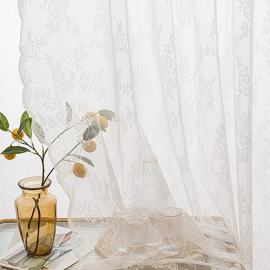 Sutuo Home Lace Curtains 72 Inches Length 2 Panels Set, White Sheer Window Floral Vintage Voile Window Panel Treatment Pair for Bedroom/Living Room/Kitchen, Decor Rod Pocket W57 x L72
