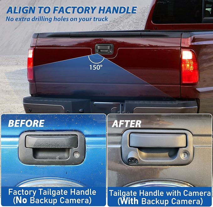 EWAY Rear Backup Camera with 20FT RCA Extension Cable for 2004-2016 Ford F150 F250 F350 F450 F550 Super Duty Explorer Lobo, Lincoln Mark LT Tailgate Latch Door Handle Reverse Camera RCA Connector