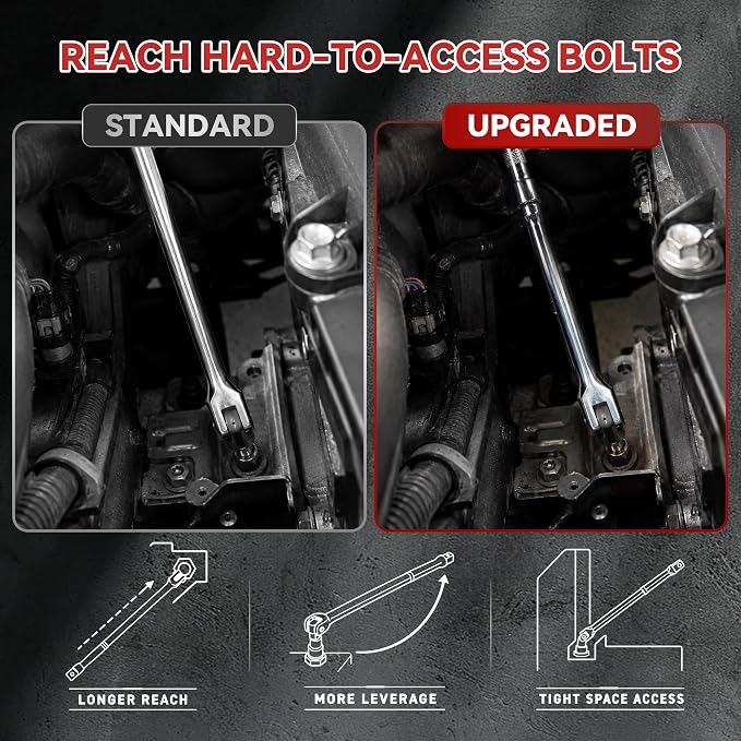 10PC Breaker Bar Set, Dual-end 3 Extension Bars, 3/8", 1/2" 1/4" Drive | 3/8", 1/2" and 1/4" Drive, 180° Rotatable Head, 6'', 10'', 15'' Length, 3 Extension Bars, Organizer Case