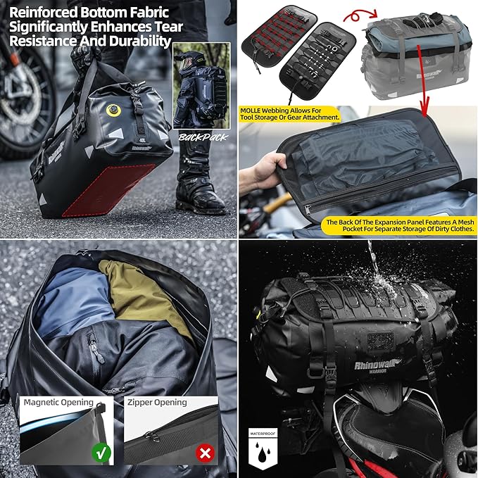 Rhinowalk Motorcycle Saddle Bag 40L – Waterproof Rear Seat Tail Bag with Expansion Panel, MOLLE System & Backpack Carry