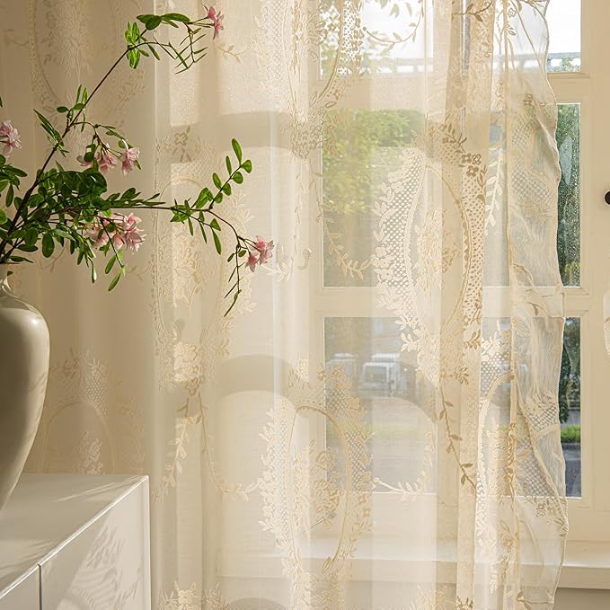 Sutuo Home Beige Lace Curtains 90 Inches Long 2 Panels, Vintage Embroidered Floral Rose Sheer Curtains for Bedroom Living Room, Privacy Country Rustic Windows Treatment Pair, Rod Pocket, W57 x L90