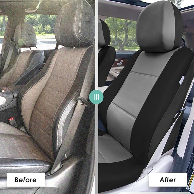 FH Group Car Seat Cover Airbag Compatible Full Set Gray Black Premium PU Leather - Split Bench Combo Vinyl Floor Mats Seat Covers Interior Accessories Universal Fit for Cars Trucks SUV