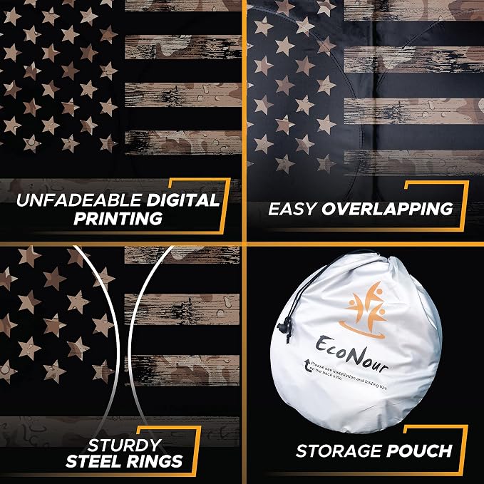 EcoNour Camoflage American Flag Windshield Sun Shade –240T Reflective Polyester Blocks 99% UV & Heat Protection | Patriotic Car Accessory Sedans, Hatchbacks, Small SUVs | Universal Fit (66" x 34")
