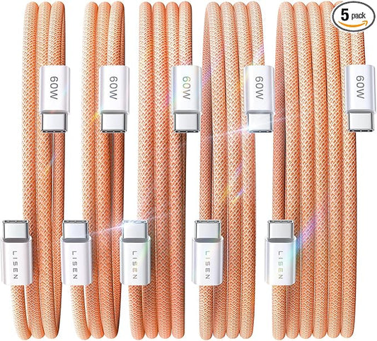 LISEN USB C Cable, 5-Pack [3.3/3.3/6.6/6.6/10FT] Orange for iPhone 17 Charger Cord, 60W C to C Cable Fast Charging for iPad, iPhone 17 Air 16 15 Pro Max, Samsung Z Flip 7/S25/S24