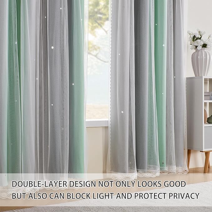 XiDi Green Grey Curtains for Girls Bedroom Decor Kids Blackout Curtains for Nursery Room Darkening Rainbow Princess Unicorn Wall Decals Little Girl 34x72 Inches Long 2 Panels Set
