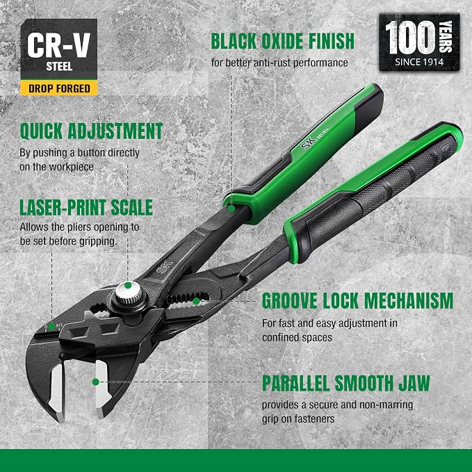 SK 10-Inch Pliers Wrench, Premium CR-V Construction, Smooth Parallel Jaws with Comfortable Grips