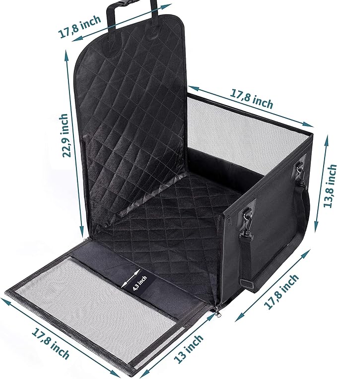 Dog Car Seat for Front Seat – 17.7165" x 17.7165" x 22.8346" and 12.9921" on the Sides – Quilted seat Surface and Anti-Slip Coating + Free: Foldable Bowl